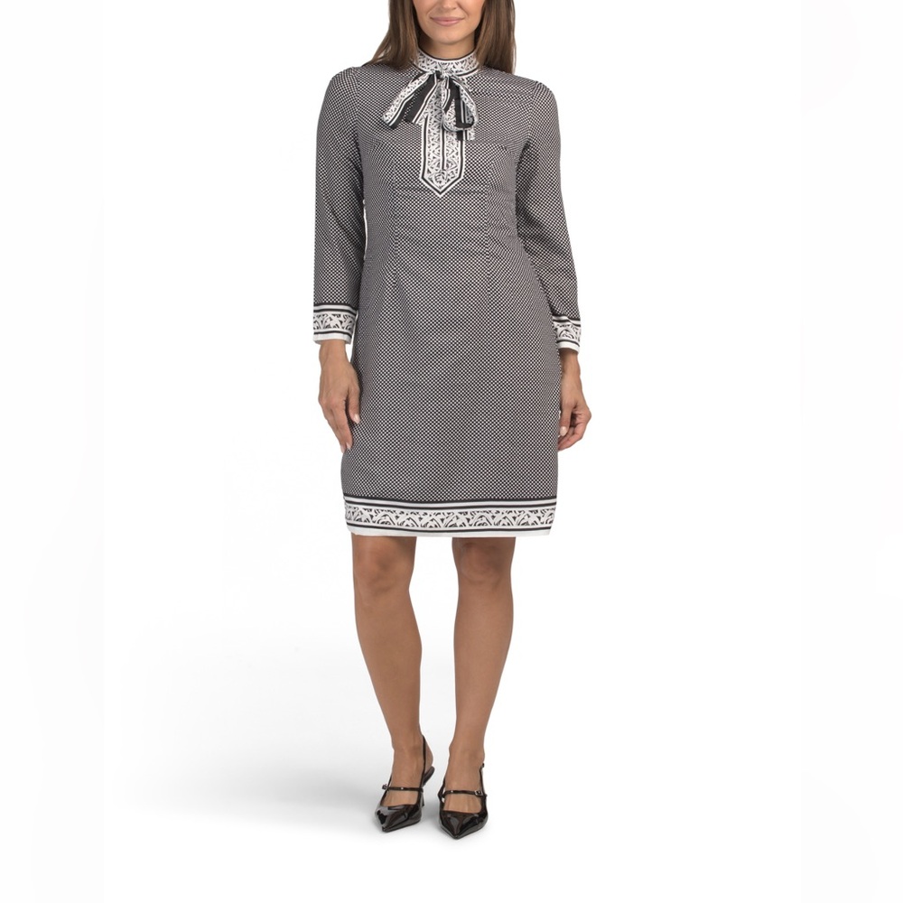 Dalia Macphee Black & White Patterned Tie-Neck Dress